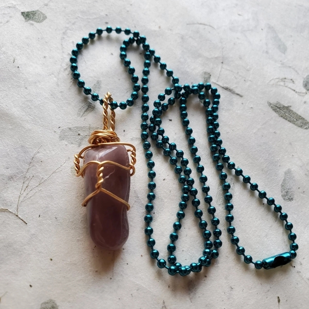 Handmade Rare Purple Rose Quartz Wire Wrapped Necklace